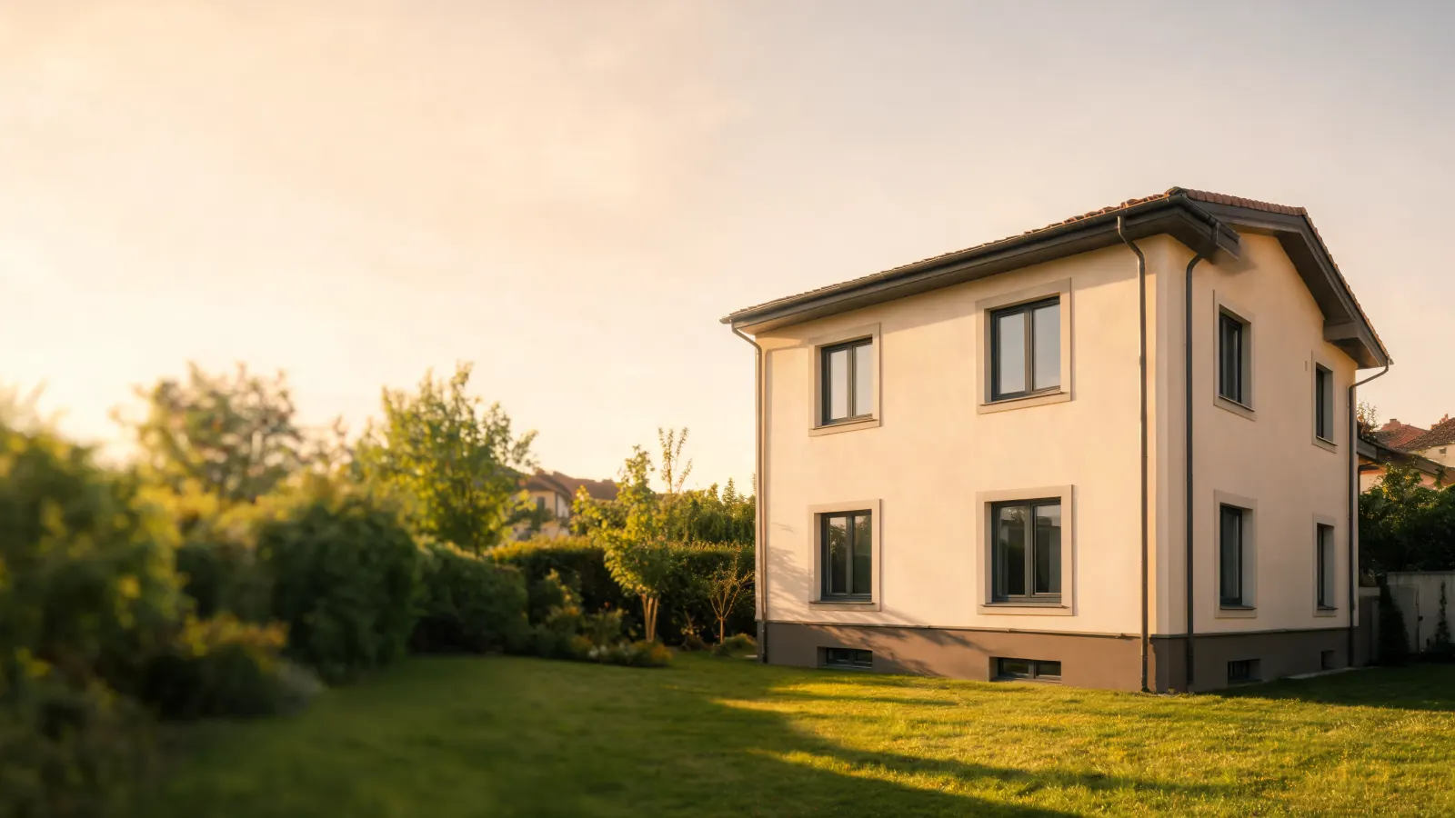 Rodinný dům se světlou fasádou v zahradě při západu slunce